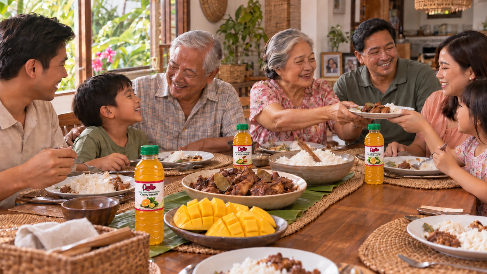 A Filipino family sharing adobo, rice, mango and Mansi drinks with Lolo and Lola.